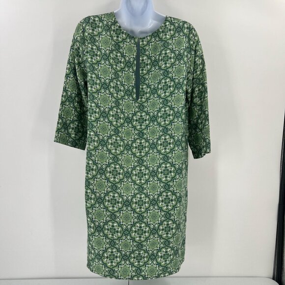 Nieves Lavi 100% Silk Dress Size 8 Green Geometric Print Shift Tunic FLAWED - Picture 2 of 12